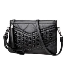 Luxurious Soft Leather Fringe & Rivet Decor Clutch Bag, Personalized Stitching Crocodile Pattern Envelope Shoulder Bag For Women - Black - View 12