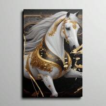 1pc Framed Modern Animal Art Deco Style Print Oil Painting, White Horse In Gold Dress Wall Art, Artwork Wall Painting For Bathroom Bedroom Office Modern Living Room Kitchen Wall Decor Oblong Wall Art - White - View 6