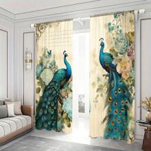 2pcs Peacock Style Printed Curtains Home Decoration Rod Pocket Window Treatment For Bedroom, Office, Kitchen, Living Room And Study, Suitable For Driving Rod Pocket Easy To Hang - 彩色 - 查看 1