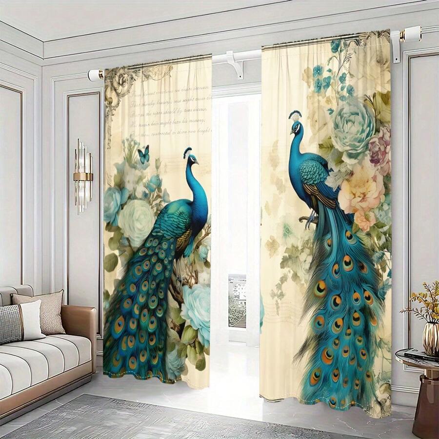 2pcs Peacock Style Printed Curtains Home Decoration Rod Pocket Window Treatment For Bedroom, Office, Kitchen, Living Room And Study, Suitable For Driving Rod Pocket Easy To Hang - 彩色 - 查看 1