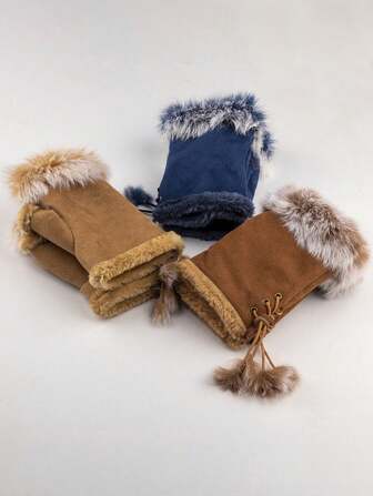 1 Pair Of Imitation Rabbit Fur Half-Finger Gloves Women's Winter Warm Gloves Thermal Lined Finger Gloves