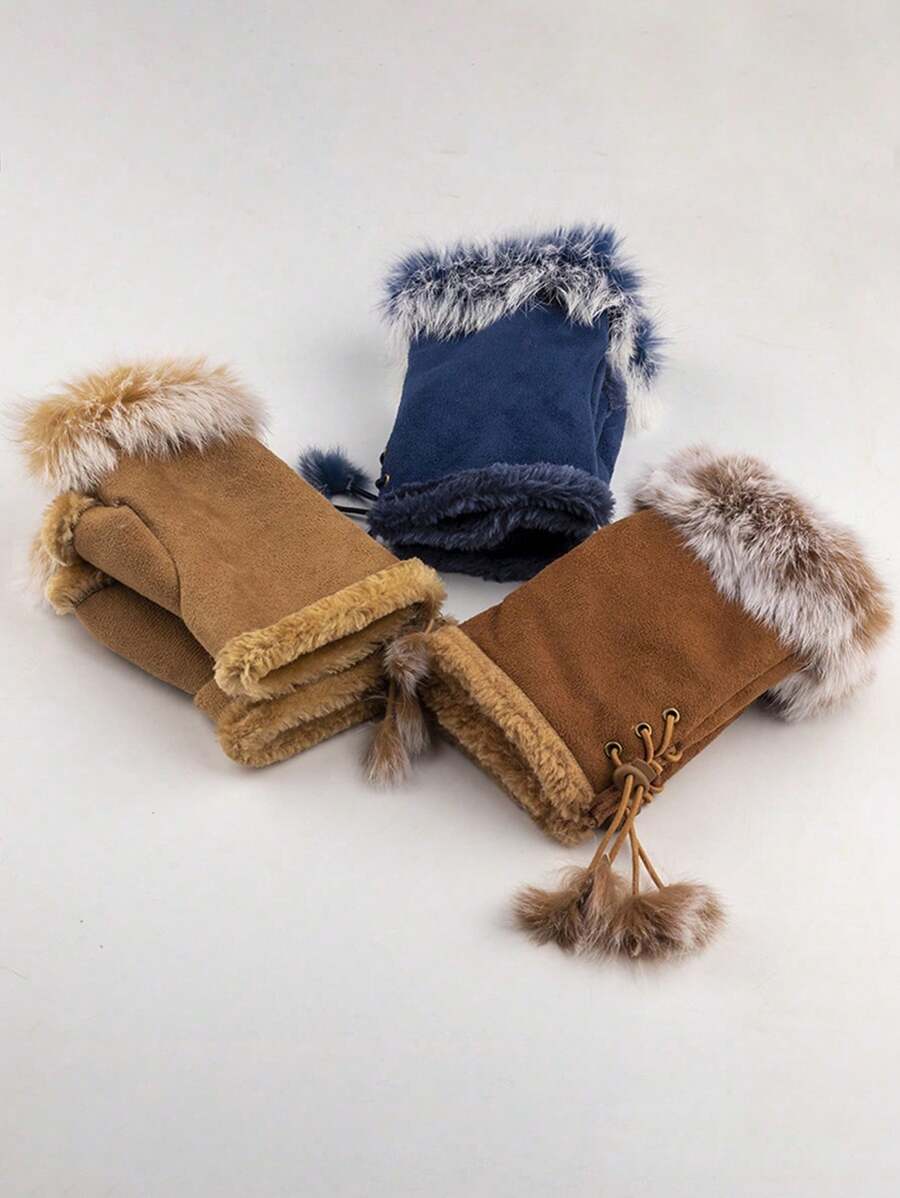 1 Pair Women Knitted Wool Splicing Gloves, Half Finger Gloves, Cute, Lovely, Sweet, Smooth, Soft, Writing, Luxurious, Warm, Autumn, Winter Thanksgiving Christmas Winter Holiday Outfit Women+Winter Gear+Gloves Bear+Christmas - Multicolor - View 1