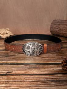 1 条时尚西部复古棕色图案 PU 皮带，适合夏季、秋季、万圣节 - 銀色花朵扣 - 查看 3