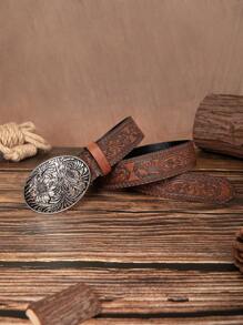 1 条时尚西部复古棕色图案 PU 皮带，适合夏季、秋季、万圣节 - 銀色花朵扣 - 查看 4