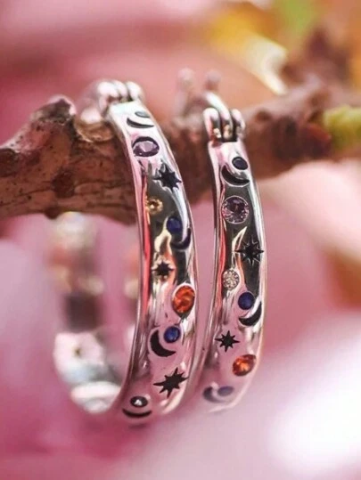 Charm Women Silvery Hoop Earrings With Star And Moon Engravings And Orange Blue Cubic Zirconia Earrings Chic Party Jewelry Gifts