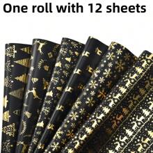 6 Stücke/12 Stücke Weihnachts Geschenkpapier aus Folie, Retro-Schwarz & Gold Hirsch, Schneeflocke, Weihnachtsbaum Muster, Geschenkverpackungspapier, Weihnachten
