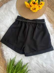 Women's Tailored Shorts With Elastic Waistband And Zip Pocket With Belt - màu đen - Xem 2