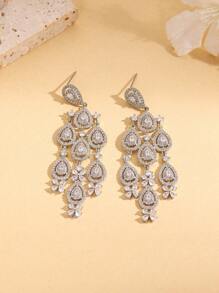 1 paire de boucles d'oreilles à franges avec zircone cubique de luxe en forme de goutte d'eau, convient pour les femmes à porter aux mariages et aux rendez-vous