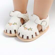 Baby Girl Sandals, PU Leather Non-Slip Embroidery Flower Summer Flats Toddler Shoes For Casual Daily - 白色 - 查看 4
