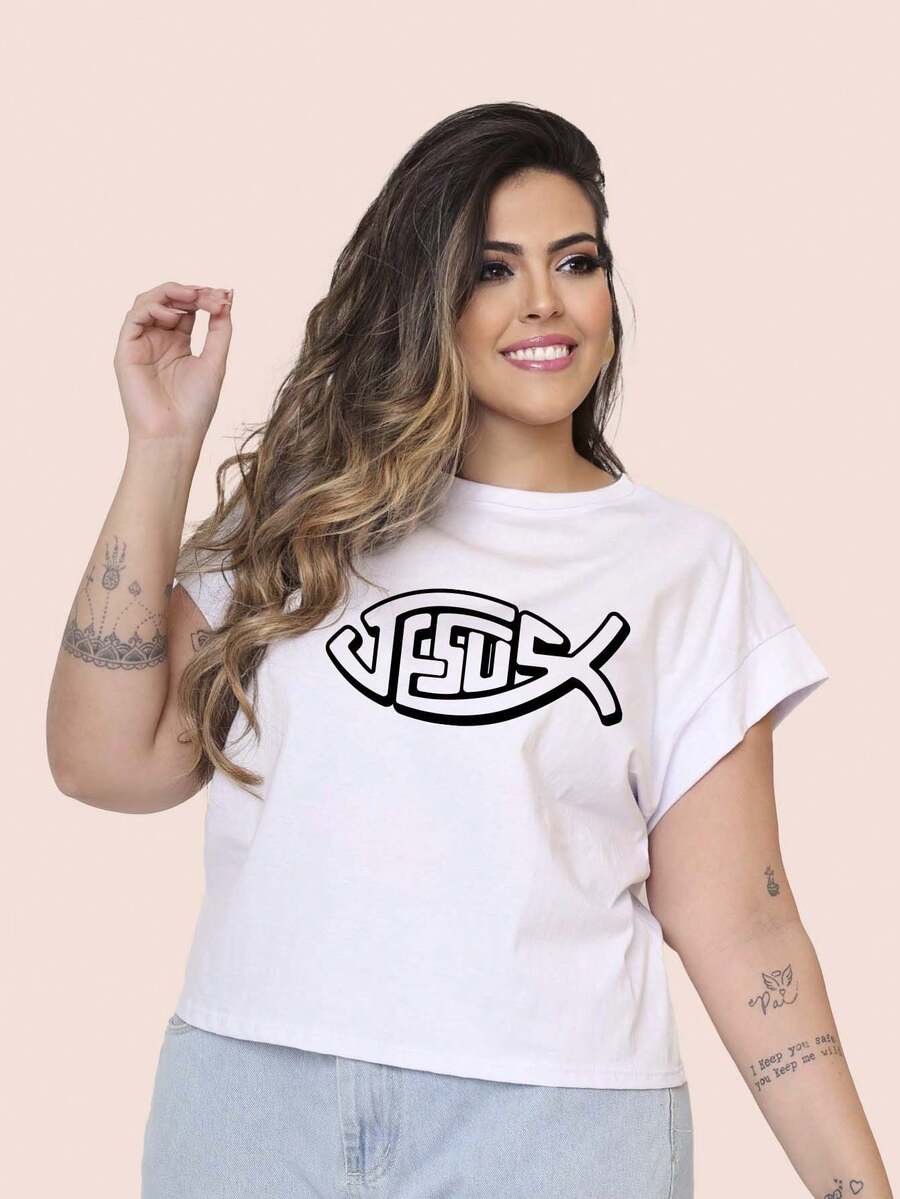 Women's Plus Size Crop Top Jesus Fish - trắng - Xem 1