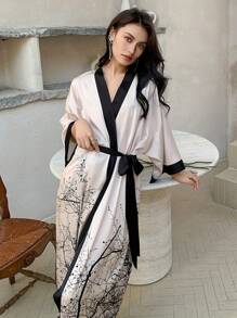 Women's Kimono Robe Long Satin Robe Floral Robe Kimono Bathrobe Nightgown - trắng - Xem 8