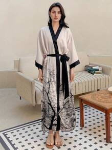 Women's Kimono Robe Long Satin Robe Floral Robe Kimono Bathrobe Nightgown - trắng - Xem 1