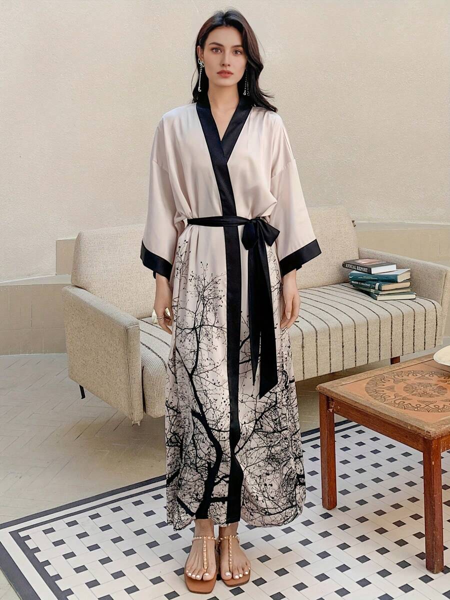 Women's Kimono Robe Long Satin Robe Floral Robe Kimono Bathrobe Nightgown - trắng - Xem 1
