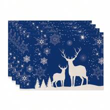 1 Stück/4 Stück/6 Stück, Weihnachten Winter Tisch-Platzsets, Weihnachten blaue Grünpflanzen Schneeflocken Rentier Leinen Platzsets, schmutzabweisende Platzsets, geeignet für Zuhause, Esszimmer und Restaurant, Tischdekor, Heimwaren