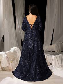Faeriesty Plus Size Elegant Deep V-Neck Backless Evening Dress, Paired With Sheer A-Line Dress And Shiny Sequins, Suitable For Formal Banquets And Photography Occasions For Women Wedding Spring Party - Navy Blue - View 3