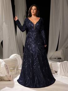 Faeriesty Plus Size Elegant Deep V-Neck Backless Evening Dress, Paired With Sheer A-Line Dress And Shiny Sequins, Suitable For Formal Banquets And Photography Occasions For Women Wedding Spring Party - Navy Blue - View 2