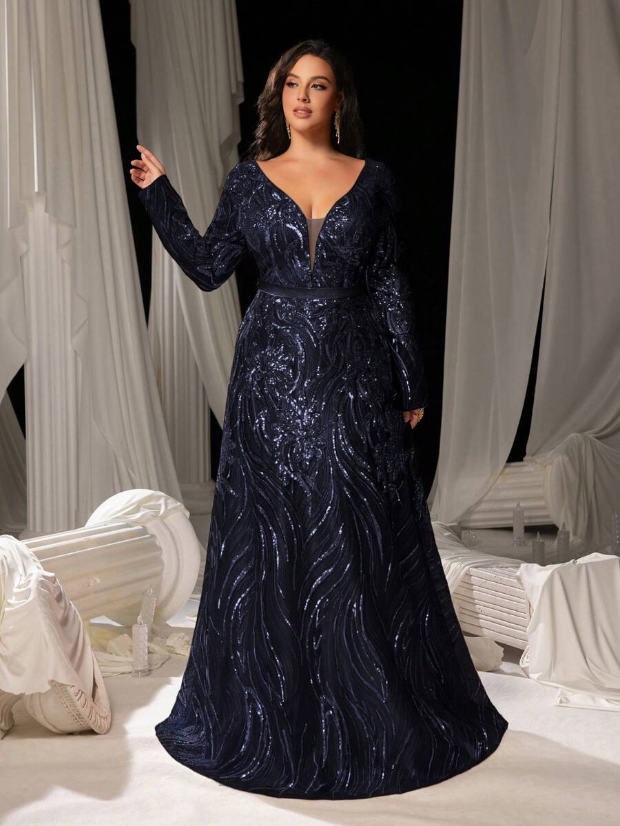 Faeriesty Plus Size Elegant Deep V-Neck Backless Evening Dress, Paired With Sheer A-Line Dress And Shiny Sequins, Suitable For Formal Banquets And Photography Occasions For Women Wedding Spring Party