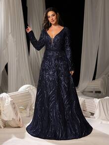 Faeriesty Plus Size Elegant Deep V-Neck Backless Evening Dress, Paired With Sheer A-Line Dress And Shiny Sequins, Suitable For Formal Banquets And Photography Occasions For Women Wedding Spring Party - Navy Blue - View 6