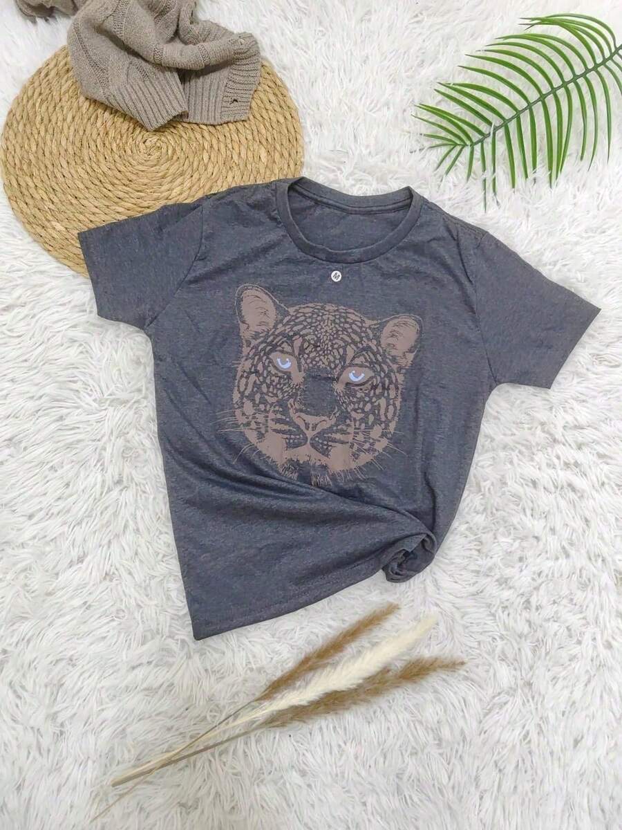 Women's T-Shirt With Tiger Print - 深灰色 - 查看 1