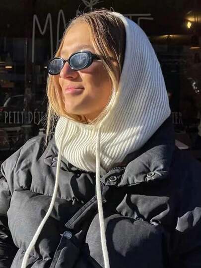 1pc Women's Drawstring Balaclava Solid Color Knit Hat, Neck Warmer Wool Detachable Hoodie, Casual Streetwear