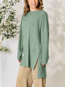 Women's Casual Knit Top Oversized Long Sleeve Basic Ribbed Slit Solid Knit Top Khaki Ribbed Knit Fabric Long Sleeve Pullover Loose Fit Crew Neck Tunic Length Solid Color Fall/Winter High-Low Hem Cozy Layering Piece Everyday Wear - Xanh nhạt - Xem 3