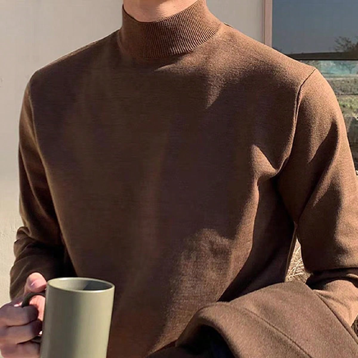 Jersey de cuello alto de unicolor, estilo "Old Money", para hombre, de manga larga y casual, para otoño e invierno