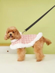 1 pièce de petit/moyen manteau en peluche pour chien ou chiot, avec motif à carreaux classique, élégante tenue d'hiver avec laisse assortie