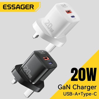 ESSAGER 20W GAN Fast Charger Type C And Usb Interface For Mobile Phone Charging Adapter Suitable For Travel, Office, Dorm, And Home Multi-Port Fast Charging High Output Power