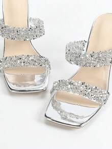 宽版时尚女士高跟凉鞋：带散落水钻的果冻带拖鞋、简约方头拖鞋、透明水晶高跟拖鞋、不对称高跟拖鞋、镂空高跟拖鞋、夏季户外银色女士拖鞋 - 銀色 - 查看 6