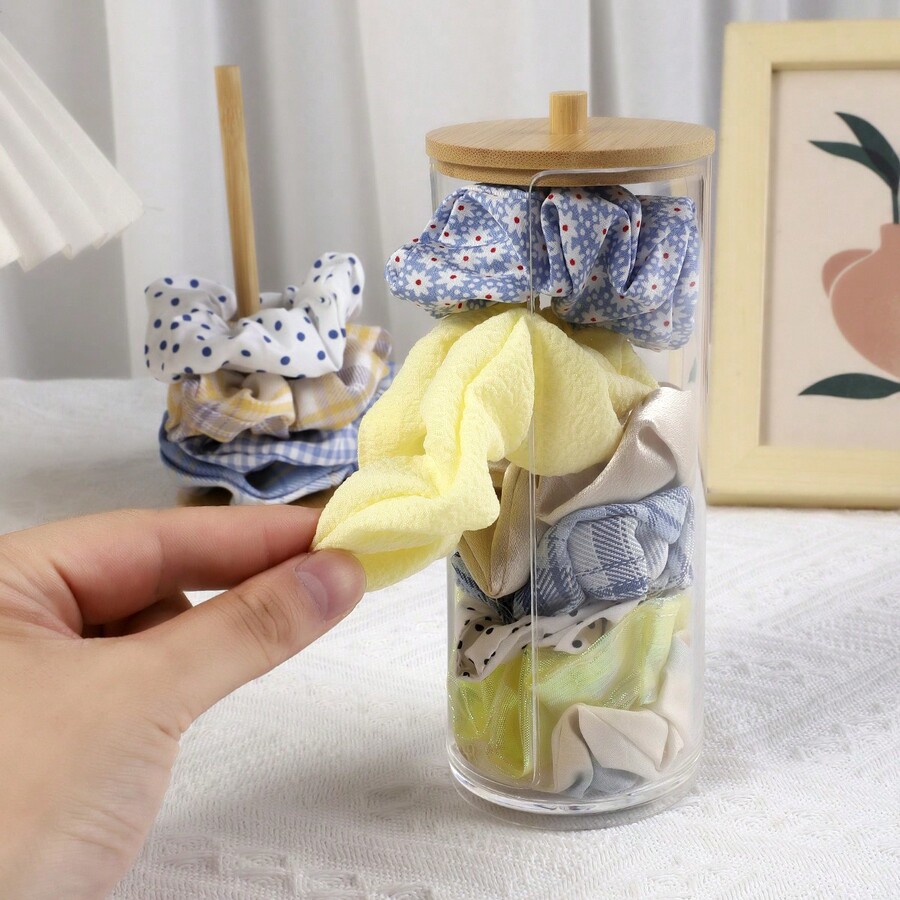 2 Pcs/Set, Round Stand And Bamboo Shelf, Hair Tie Tray With Bamboo Lid