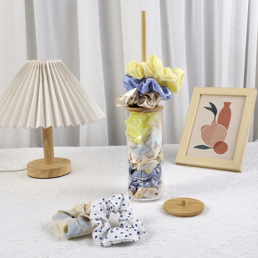 2 Pcs/Set, Round Stand And Bamboo Shelf, Hair Tie Tray With Bamboo Lid