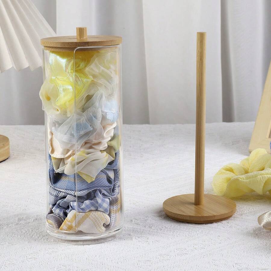 2 Pcs/Set, Round Stand And Bamboo Shelf, Hair Tie Tray With Bamboo Lid