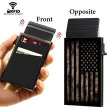Side Push Elastic Card Strap Slanted Double-Layer Elastic Back Sticker Minimalist New Aluminum Alloy Card Bag RFID Blocking Pop-Up Card Box Men's Metal Wallet Men Wallets  Black Card Holders Gift For Men - 灰色 - 查看 5
