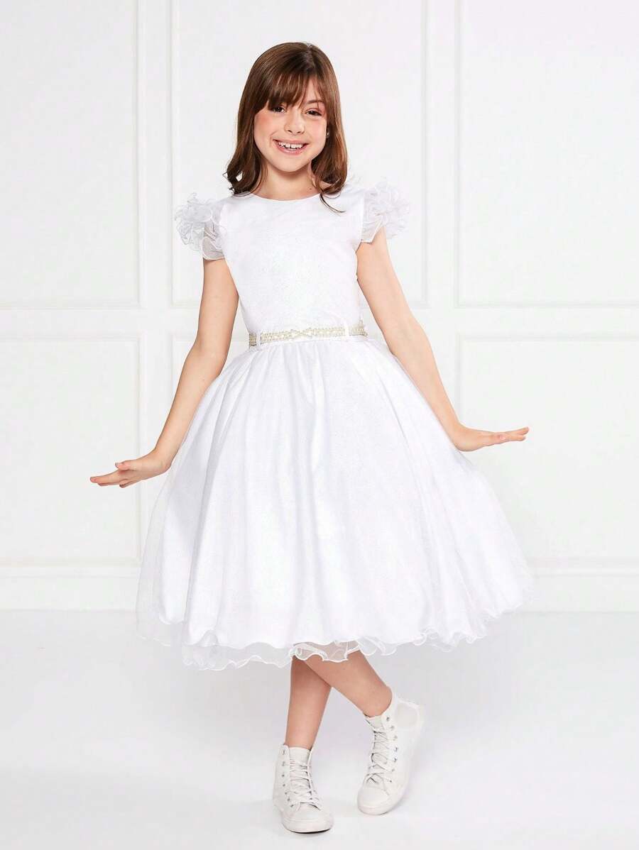 Children's White Glitter Dress Sleeve Godê Round Party Princess Themed Pearl Belt - 白色 - 查看 1