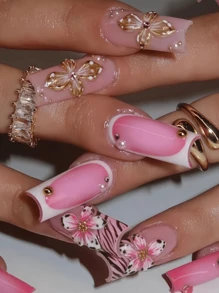 24 piezas de uñas postizas de ataúd largas de alta calidad con rayas brillantes, estampado de leopardo rosa y flores 3D, adhesivas y aptas para uso diario de mujeres y niñas