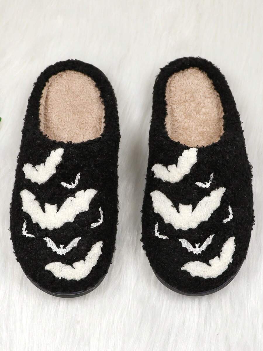 Dép đi trong nhà họa tiết thêu dơi ma quái Halloween mới 2024, Dép đi trong nhà ấm áp và mềm mại cho các cặp đôi, Mùa đông - màu đen - Xem 1