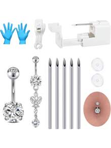 AVYRING 13 Stücke Bauchnabelpiercing-Set, Lange Bauchnabelpiercing-Pistolen-Nadeln-Set aus rostfreiem Stahl, Zunge, Ohr-Piercing-Pistole, Bauch-Lippen-Körper-Piercing-Nadel-Werkzeug-Sets, Nabelpiercing für Frauen