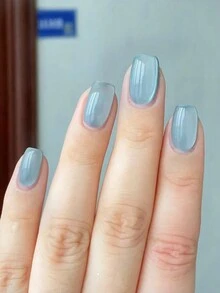 24 chiếc móng tay giả vuông vừa, móng tay giả mắt mèo màu xanh và trắng, móng tay giả phủ toàn bộ cho phụ nữ và trẻ em gái - Màu xanh nhạt - Xem 5