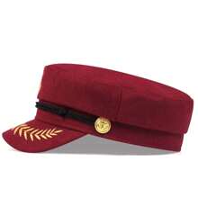 1Piece Men Crown Wheat Embroidered Navy Cap Outdoor Sunscreen Leisure Hat Spring Autumn Travel Tourism Beach Vacation - 酒紅色 - 查看 3