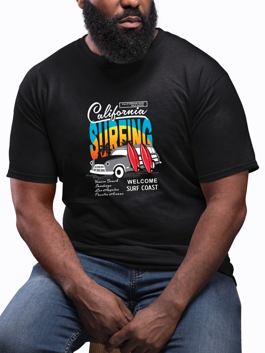 Plus Size Men's T-Shirt Large Basic T-Shirt California Surfing Print 100% Cotton Knit Short Sleeve - 黑色 - 查看 1