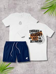 Men's Plus Size Set Journey T-Shirt 100% Cotton And Elastane Shorts Casual Gym - 白色/海軍藍 - 查看 1