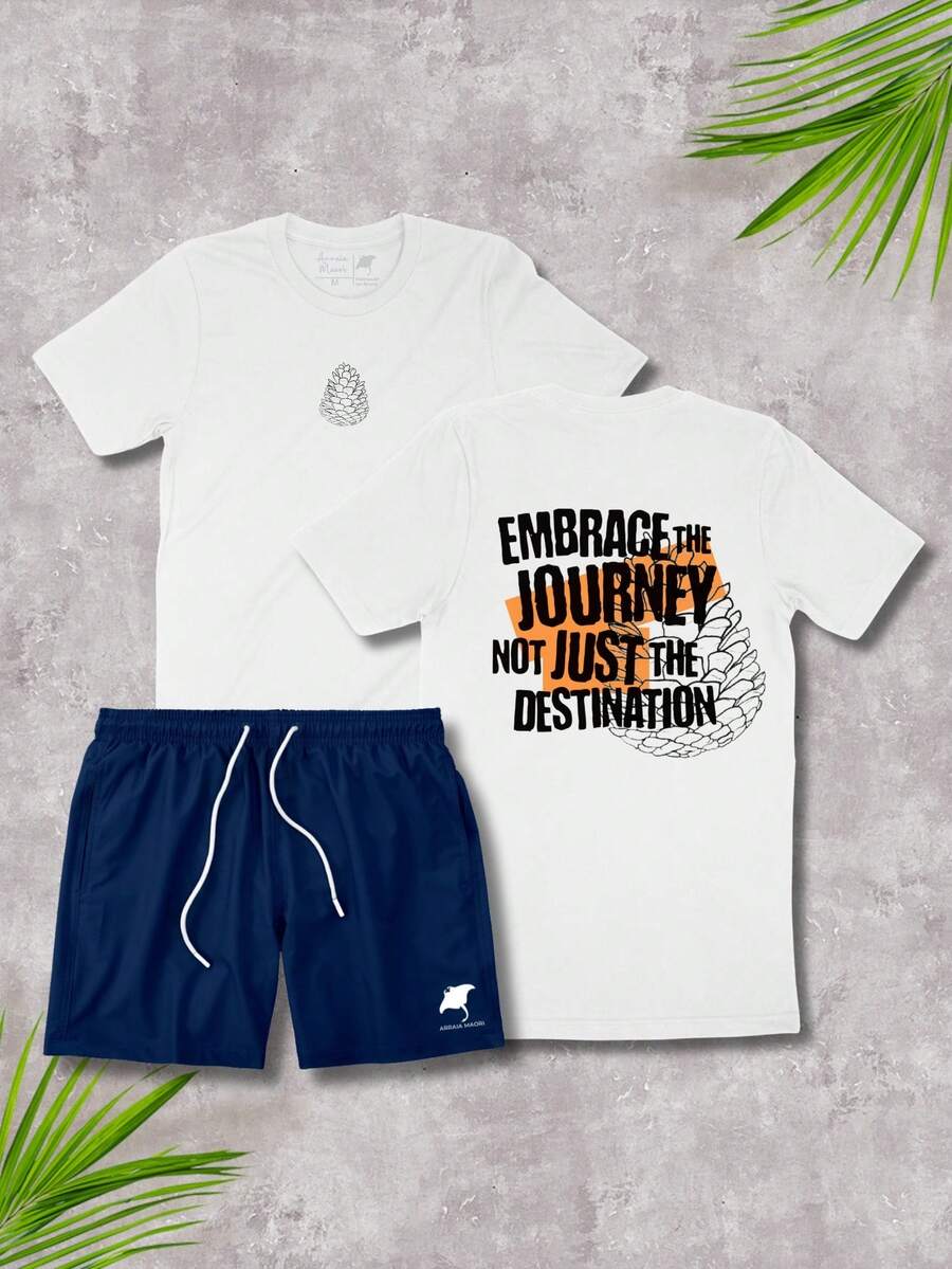 Men's Plus Size Set Journey T-Shirt 100% Cotton And Elastane Shorts Casual Gym - 白色/海軍藍 - 查看 1