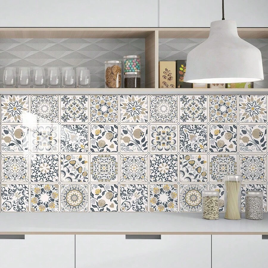 16pcs/Set Floral Pattern Peel And Stick Wallpaper, Self-Adhesive PVC Tile Stickers, Suitable For Home Furniture Renovation And Decoration, Kitchen, Living Room, Bathroom Wall And Floor DIY - Multicolor - View 1