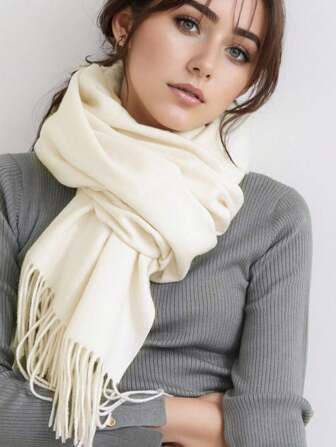 1 件女士奶白色柔软仿羊绒冬季围巾，优雅简约披肩，适合婚礼、旅行、办公室、休闲