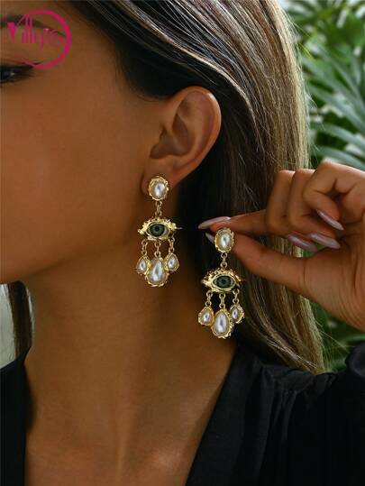 2 件夸张眼睛耳环，复古珍珠耳环，波西米亚眼形吊坠耳环，派对、度假、约会佩戴，送给她的礼物