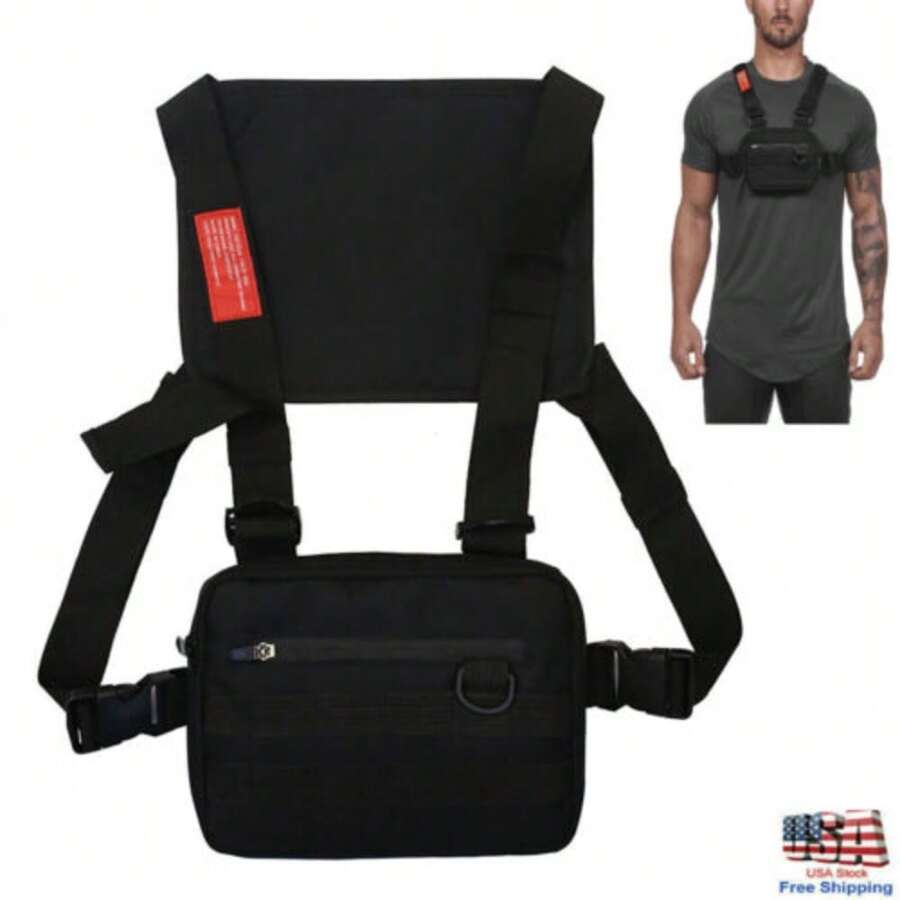 Tactical Inspired Sports Utility Chest Pack. Chest Bag For Men With Built-In Phone Holder. This EDC Rig Pouch Vest Is Perfect For Workouts, Cycling & Hiking - Black - View 1