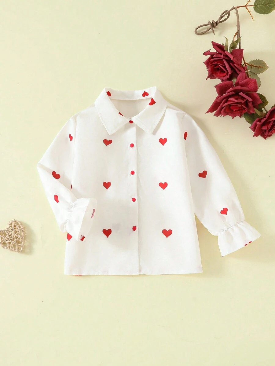 Cute Young Girl White Collar Shirt With Red Heart & Ruffle Trim, Long Sleeve Children Casual Blouse, Spring & Autumn, Suitable For Outerwear Valentine's Day - White - View 1