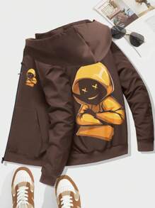 New Autumn Spring Men Jacket Fashionable Retro Cartoon Pattern Zipper Pocket Casual Sports Coat - Coffee Brown - View 1