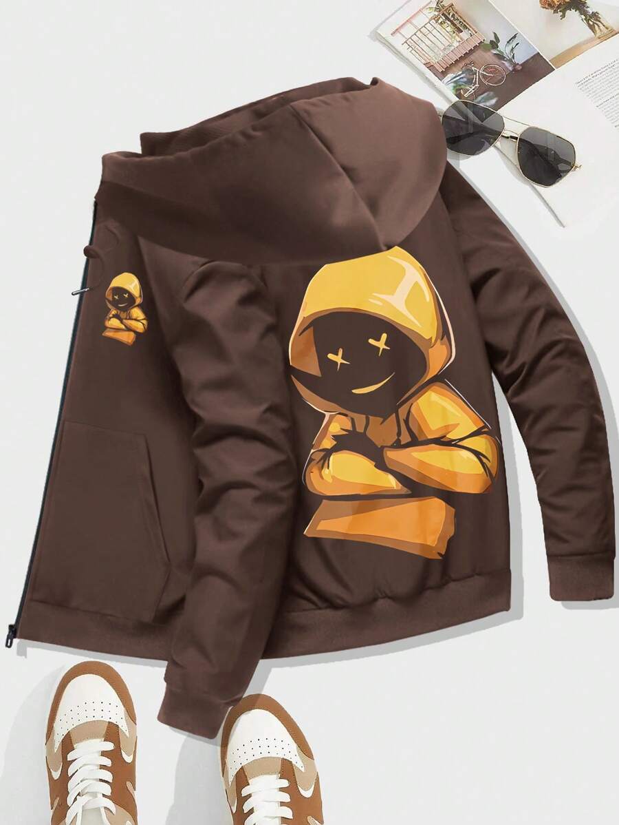 New Autumn Spring Men Jacket Fashionable Retro Cartoon Pattern Zipper Pocket Casual Sports Coat - Coffee Brown - View 1