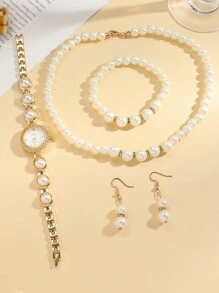 Bộ 5 chiếc/bộ đồng hồ thạch anh mặt nhỏ đính đá Rhinestone chất lượng cao dành cho tuổi teen, dây đeo bằng thép ngọc trai tối giản, thích hợp làm quà tặng sinh nhật, quà tặng Halloween, - Vàng - Xem 1